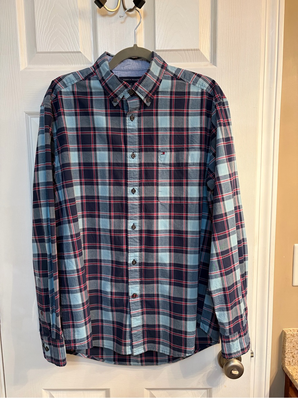 Tommy Hilfiger Men’s Navy, Light Blue & Red Plaid Button-Down Shirt
